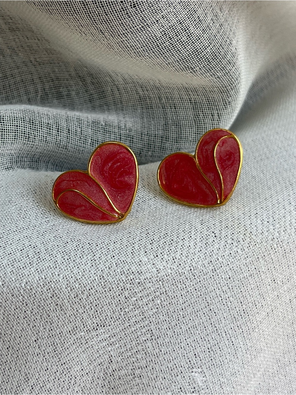Red Heart Enamel Stud Earrings - Gold-tone Trim